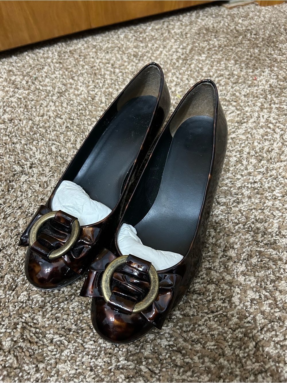 Stuart Weitzman Tortoiseshell Buckle Round-Toe Wedges